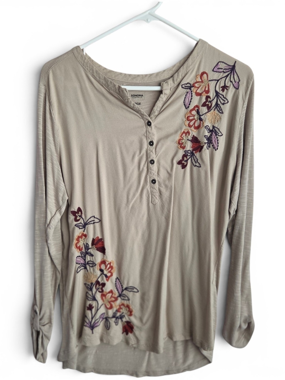 Sonoma Taupe Floral Embroidered Long-Sleeve Henley Top